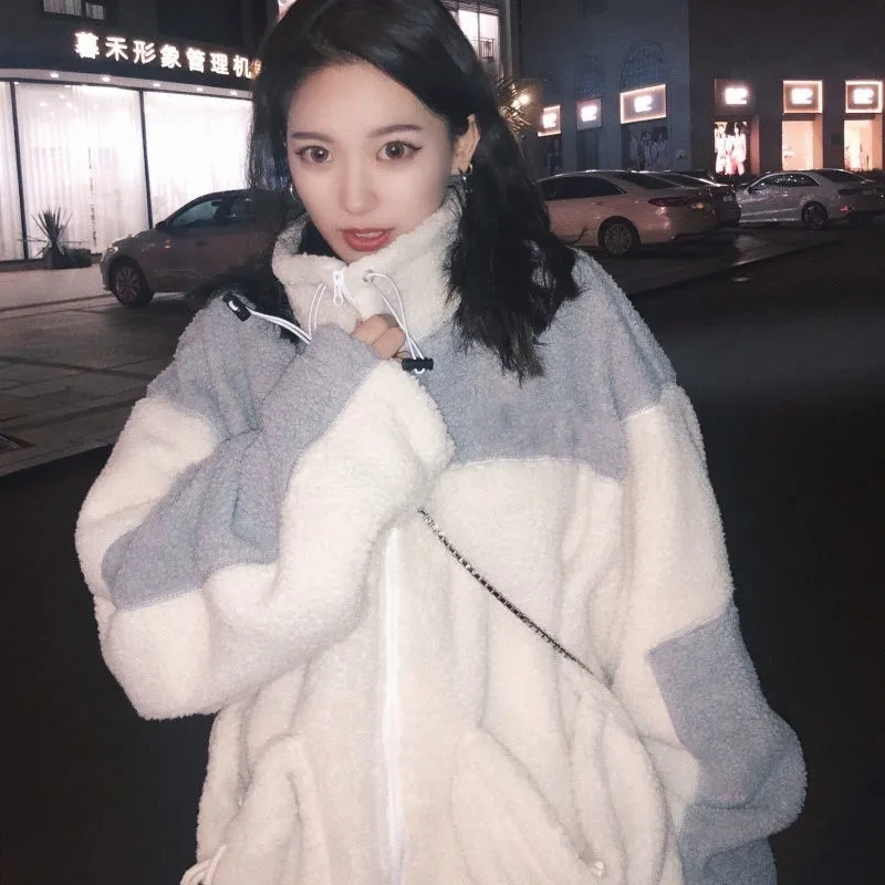 Broderie Imitation laine d'agneau zip-up vêtements femmes à capuche automne hiver style coréen velours hauts sweat oversize 201109