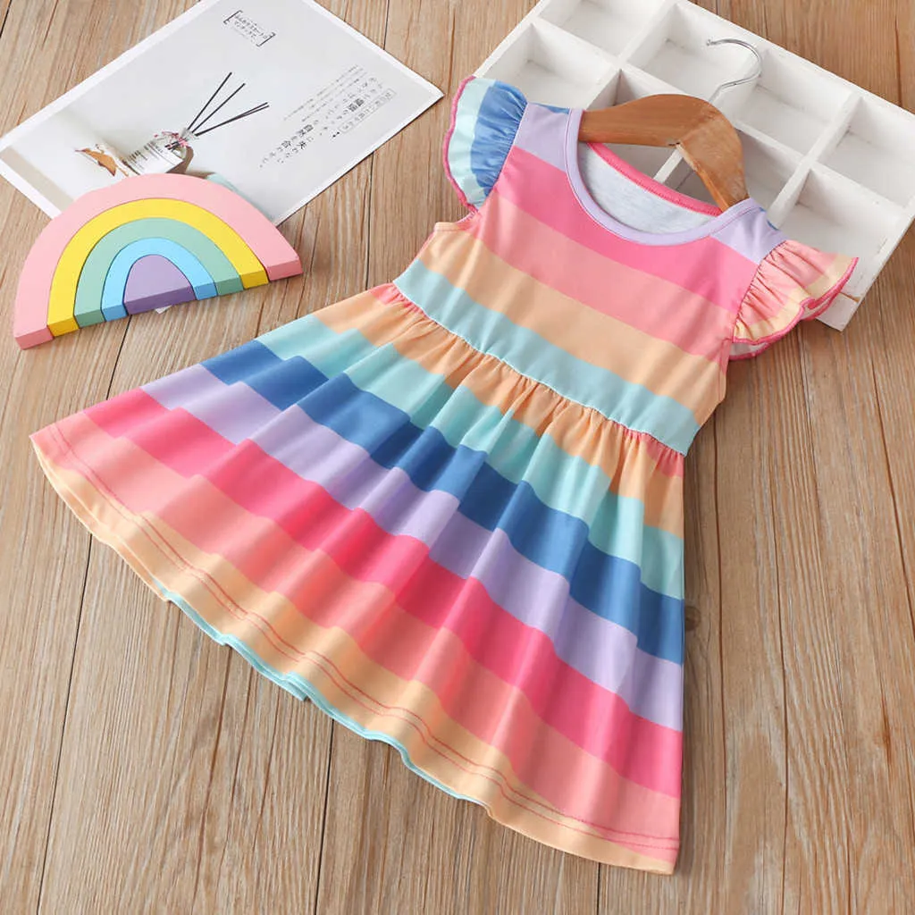 Dzieci Dziewczyny Wybuch Fly Rękaw Paski Rainbow Princess Pagewant Suknia Urodzinowa Dress New Fashion Girls Dresses Q0716