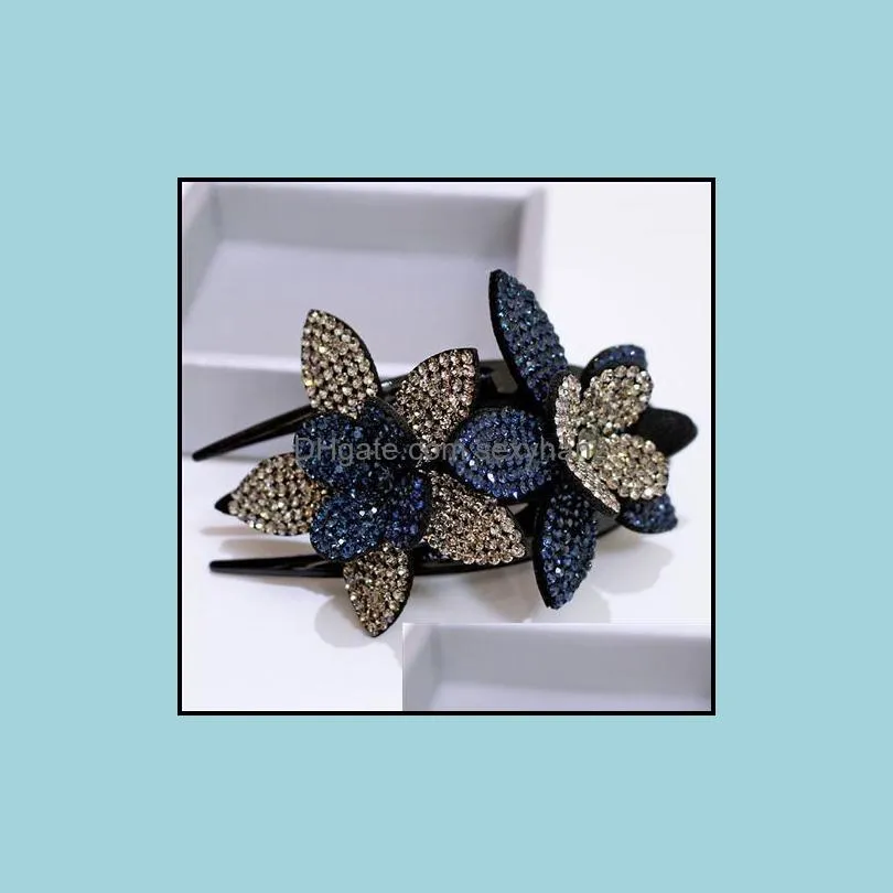 Hair Clips & Barrettes Rhinestone Double Flower Clip Crystal Combs Female Elegant Beads Hairgrip Handmade Fashion Accessories Tools
