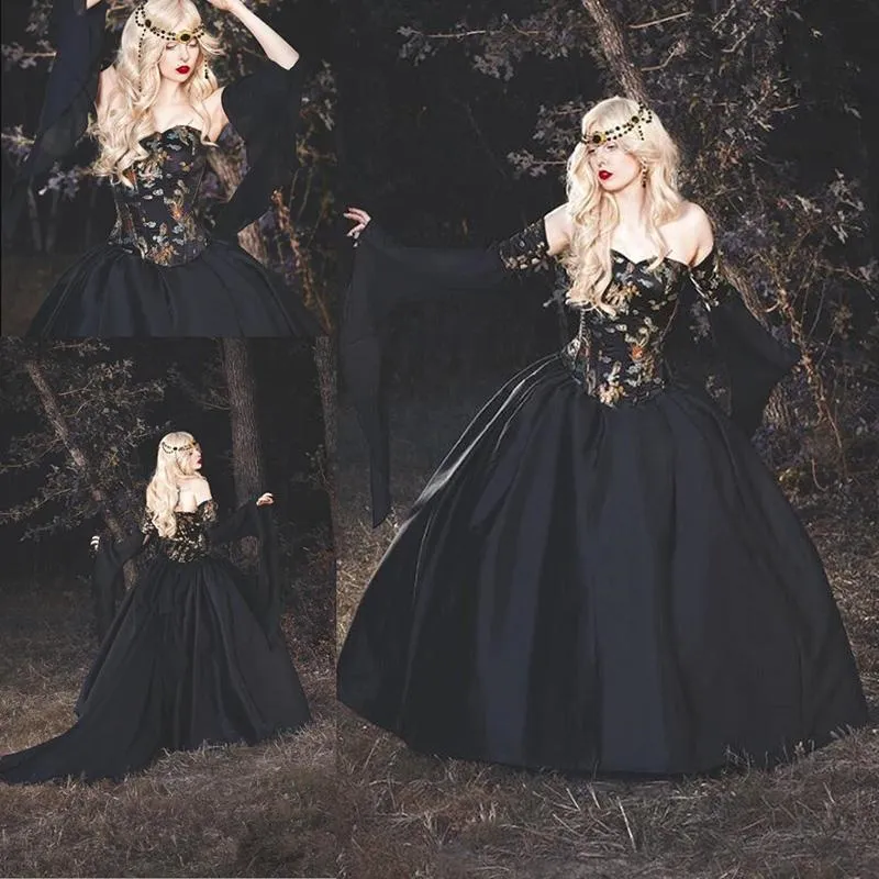 Black Satin Long Sleeve Wedding Gown with Embroidery Off-Shoulder ...
