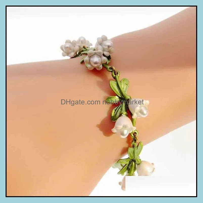 Jewelry baked lacquer alloy half hole pearl Valley lily leaf anchor same female bracelet