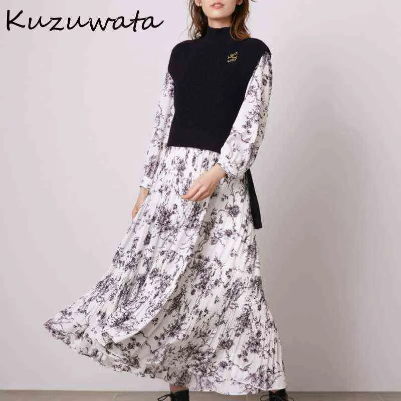 Kuzuwata 2021 Autumn New Women Robes Japanese Fresh Vestidos Half High Collar Printed Pleated Dresses Knit Drawstring Vest Suits G1214