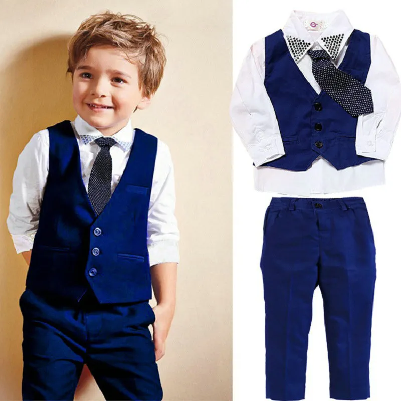 Formal Children Clothing Boy Outfit Spring Autumn Kids Clothes Suit Cotton Long Sleeve White Shirt Vest Pant 2-7 Years