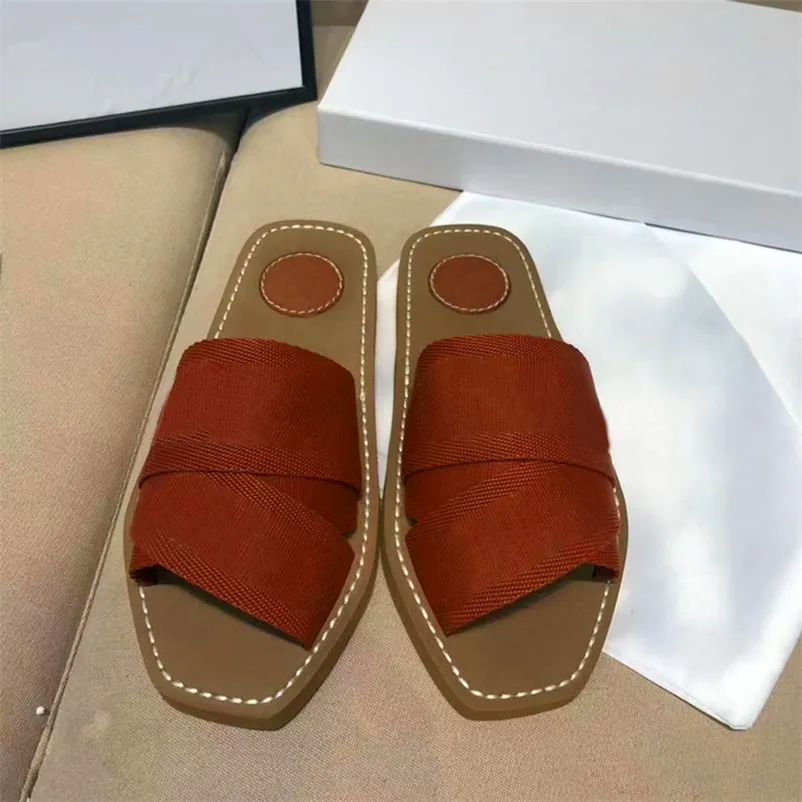 High Quality Designer Women Woody Mules Slippers Canvas Cross Woven Sandals Summer Outdoor Peep Toe Casual Slipper Letter Stylist Shoes With Box