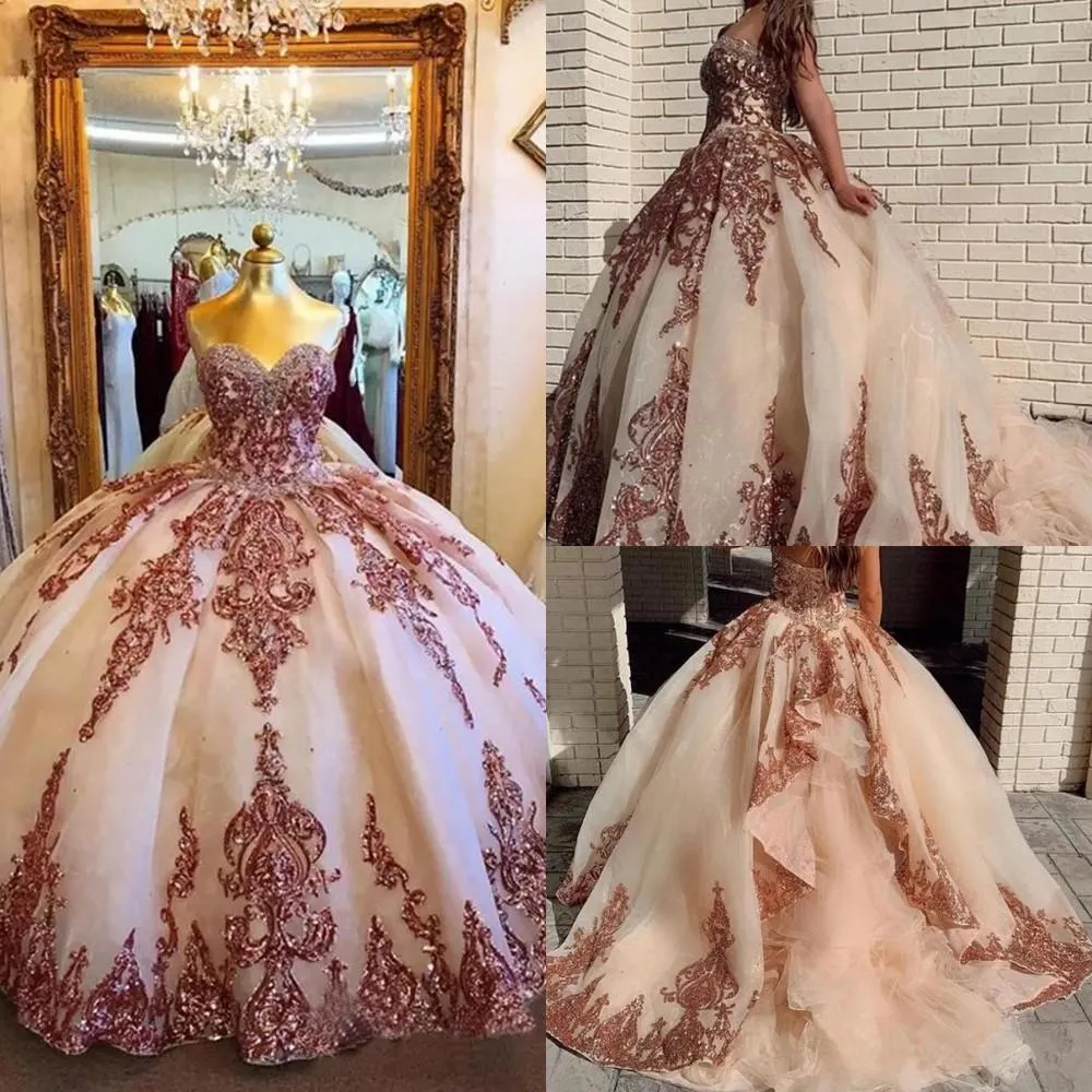 Rose Gold Cekiny Quinceanera Dresses 2021 Sweetheart Neckline Księżniczka Tulle Korowód Balowa Suknia Słodkie 16 Piętro Długość Gorset Back Birthday Party Nosić Vestidos