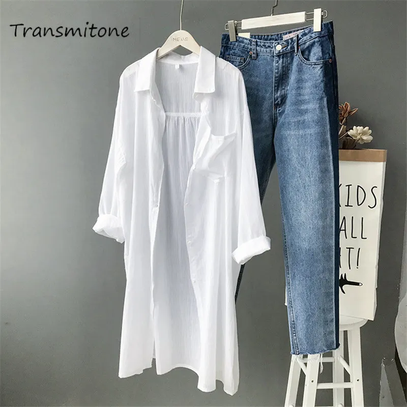 Katoen vrouwen strand witte lange blouse lente vrouwen lange mouw shirts blouse hoge kwaliteit los kantoor lange blouse tops 210303