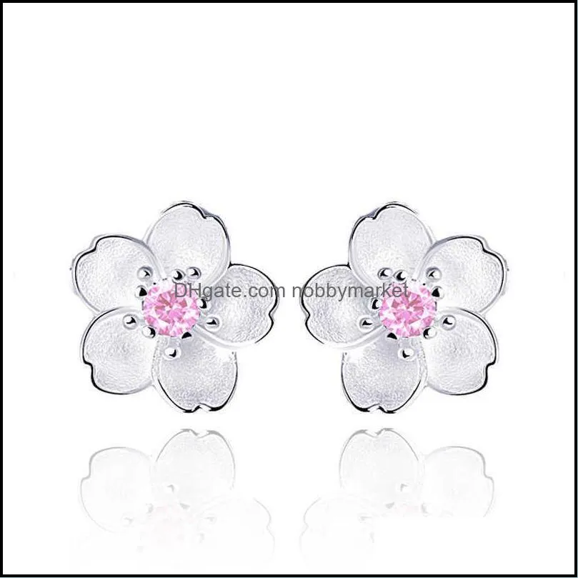 Silver 925 Jewelry Sterling Earrings Cherry Blossom Inlaid Pink Zircon Ear Studs Simple and Popular for Women