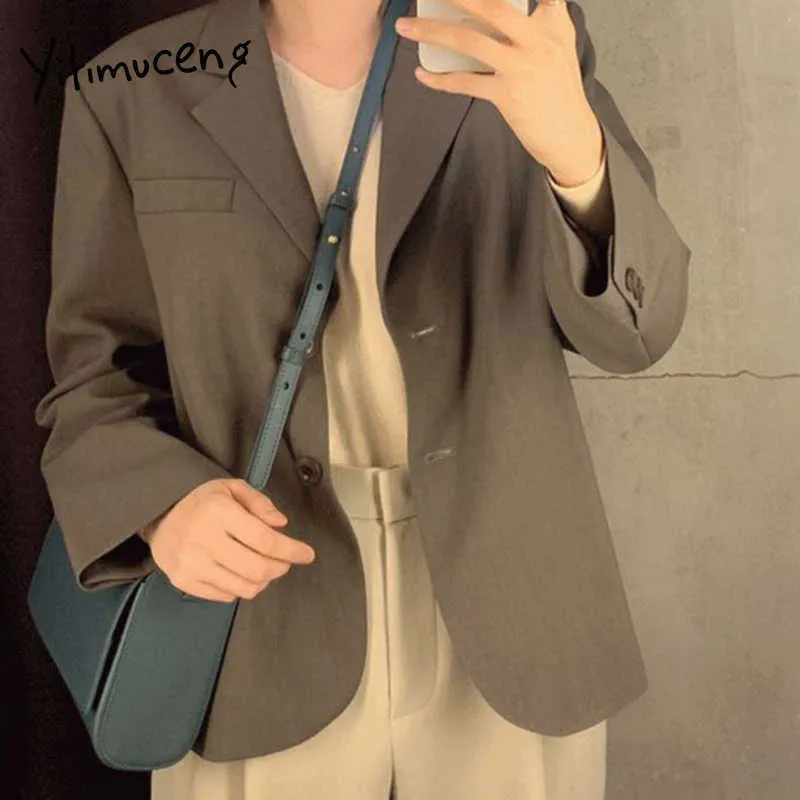 Yitimuceng Womens Blazer Office Lady Oversized Casual Cappotti Giacca Molla Coreana Moda Streetwear Black Grey Brown 210601