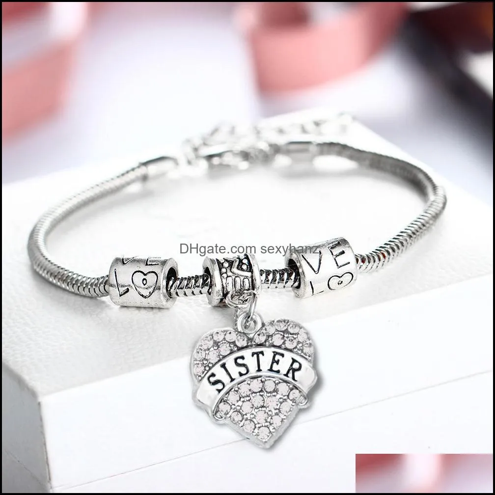 Diamond Love Heart Charms Bracelet Mom Aunt Daughter Grandma Believe Friends Crystal Bracelets 45 Styles S288