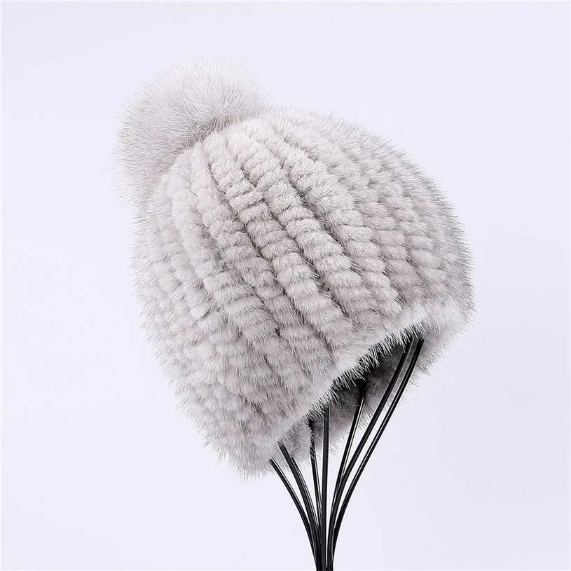 100% echte nertsen bonthoed vrouwen winter gebreide beanie Russische meisjes cap met pom poms dikke vrouwelijke elastische 211228