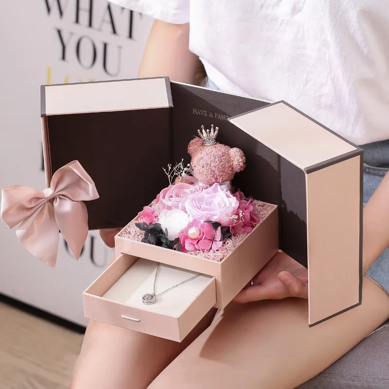 Bear Eternal Flower Gift Box Double Door Rose Necklace Gift Box