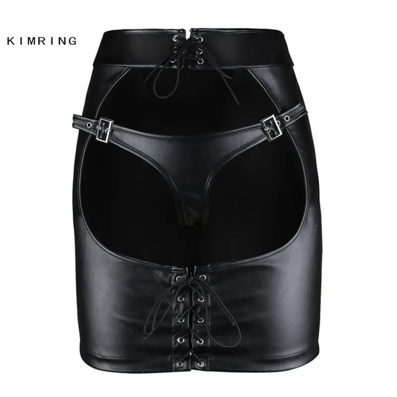 Kimring Gothic Leather Skirt big Ass Open Butt ClubWear Mini Skirt Sexy Tight Hip Skirt 210310