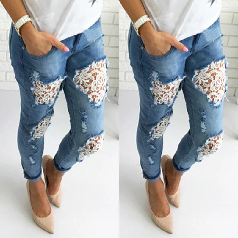 Vrouwen Jeans Vrouw Lente Zomer Mode 2021 Plus Size Slim Fitted Ripped Vrouwelijke Toevallige Skinny Gat Potlood Kant Broek