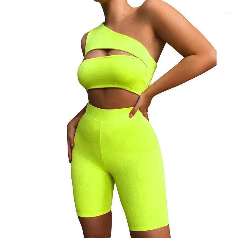 Gym kläder sexig ärmlös ihålig en axel kvinnor sport kostym svett kostymer träning set fluorescerande grön 097