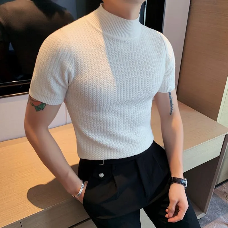 Short Sleeve Mock Neck Sweaters Basic Slim Muscle Knitted Tops Fashion Clothing Spring Autumn Knitwear Pullovers Male