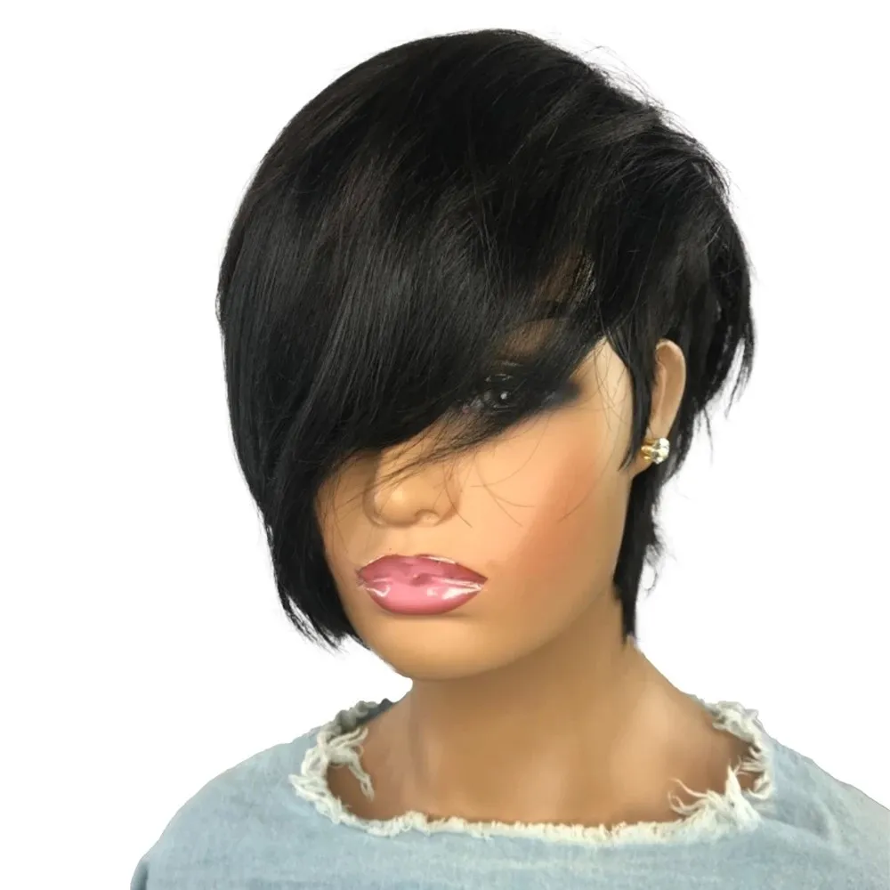 Black Color Glueless Short Wigs With Bangs Non Lace Brazilian Virgin Human Hair Bob Pixie Cut Wig For Women