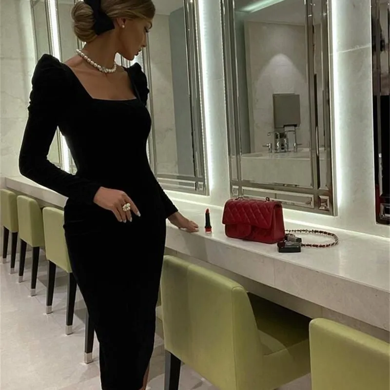 Women Sexy Designer Long Sleeve Velvet Black Elegant Dress Midi Celebrity Bodycon Party Vestido 210527