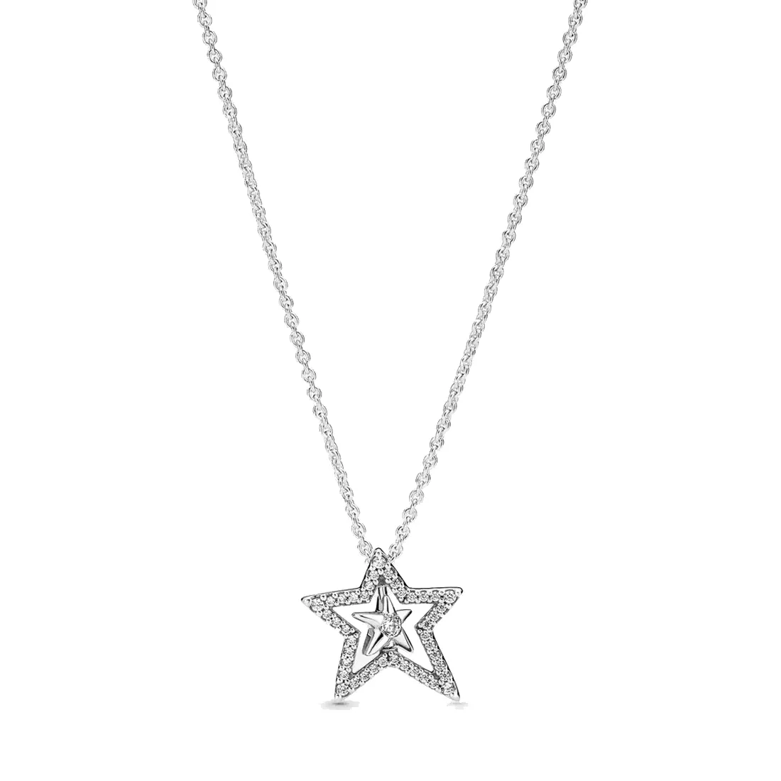 Fine jewelry Authentic 925 Sterling Silver Necklace Fit Pandora Pendant Charm Pave Asymmetric Star Collier Necklace Love Engagement DIY Wedding Necklaces