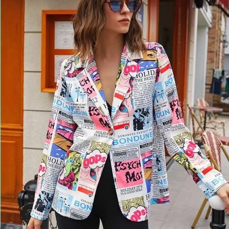 2021 Design originale Moda Blazer Giornale Stampa HighStreet Top Donna Slim Abiti unici Primavera Autunno Temperamento Outwear X0721