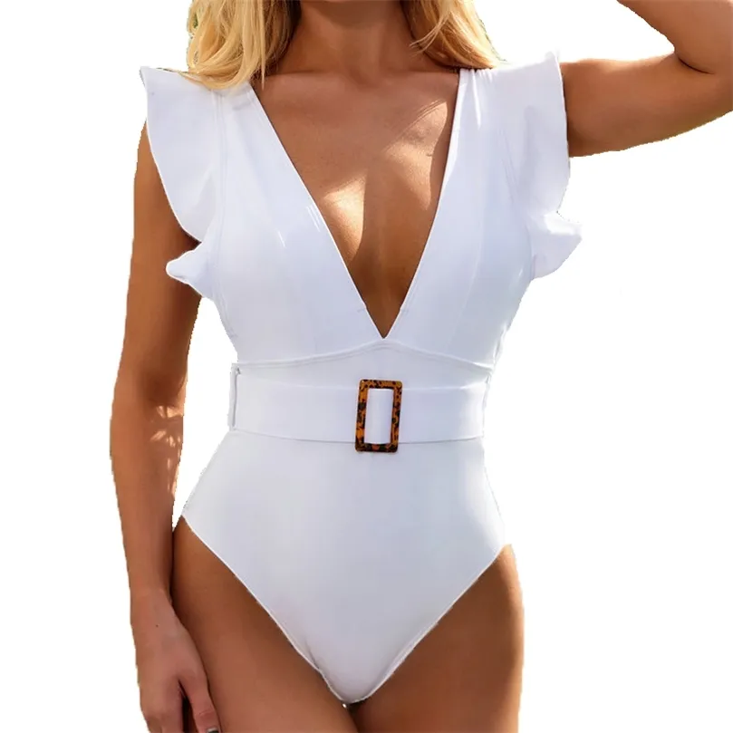 Sexy Ruffle Swimsuit Push Up Swimwear Women Backless Bathing Suits White Padded Deep V Monokini 210712