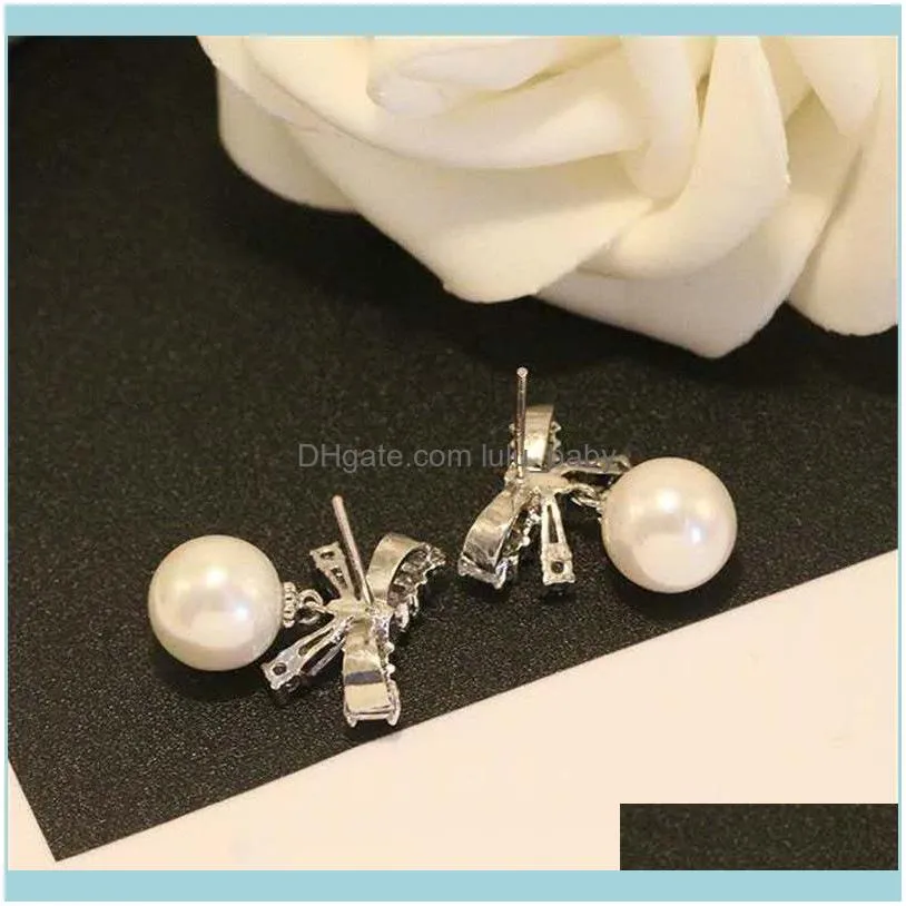 Dangle & Chandelier Korean Temperament Simple Zircon Bow Pearl Earrings Hypoallergenic S925 Silver Ladies Jewelry