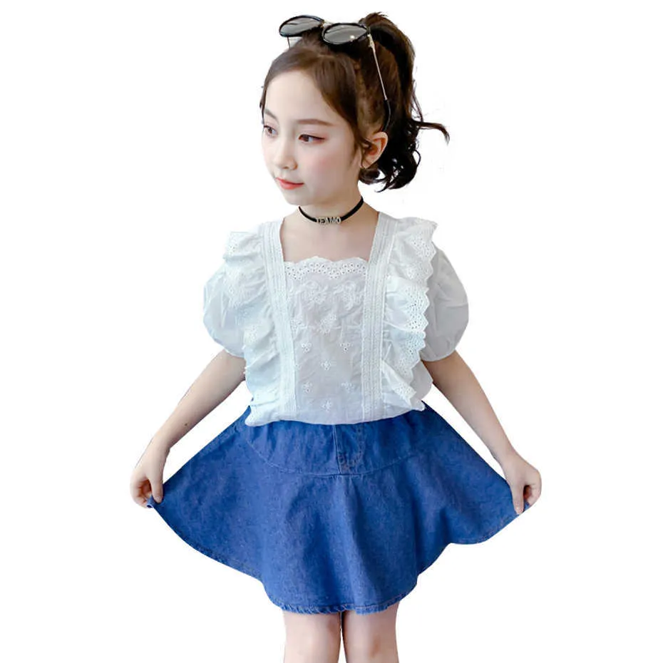 Детская одежда кружевная блузка + джинсовая юбка девушка повседневный стиль костюм для летнего детского набора 210528