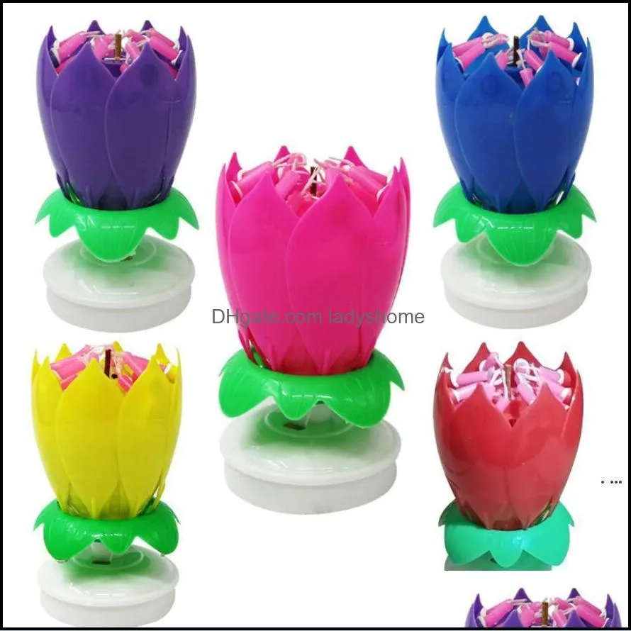 Andere feestelijke benodigdheden Home Gardenblossom Roterende muzikale lotus Flower Happy Birthday Art Candle Lights for Diy Cake Decoration Kids Gift