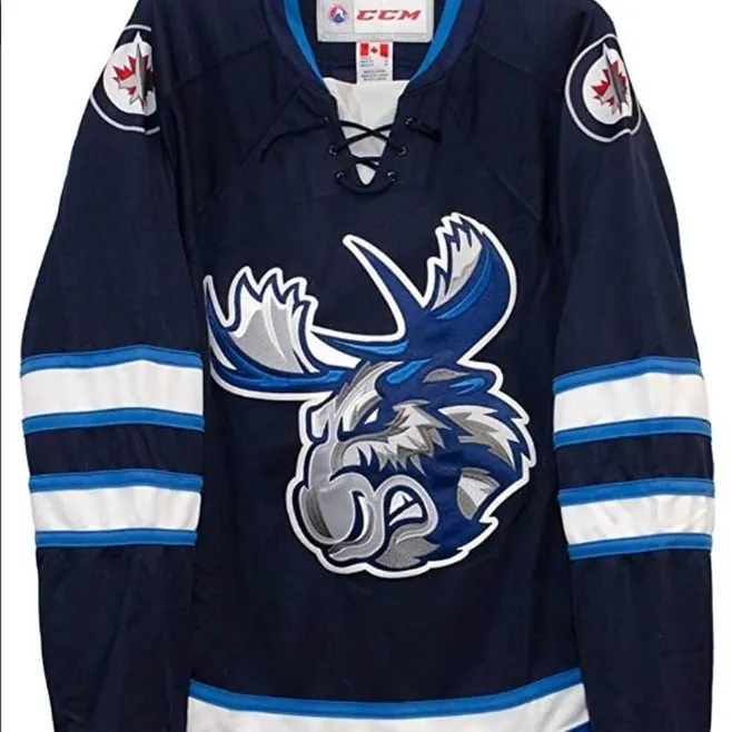 001 Real Bordado Completo Blue Branco Manitoba Moose CCM Premier Hóquei Jersey 100% Bordado Jersey ou Personalizado Qualquer nome ou Número Jersey