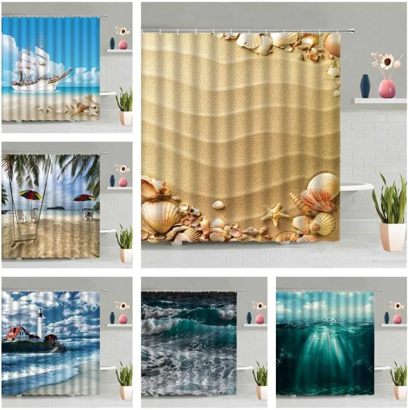 Shower Curtains Sandy Beach Conch Shell Curtain Blue Ocean Starfish Scenery Bathroom Wall Hanging Waterproof Hook Home Decor Set