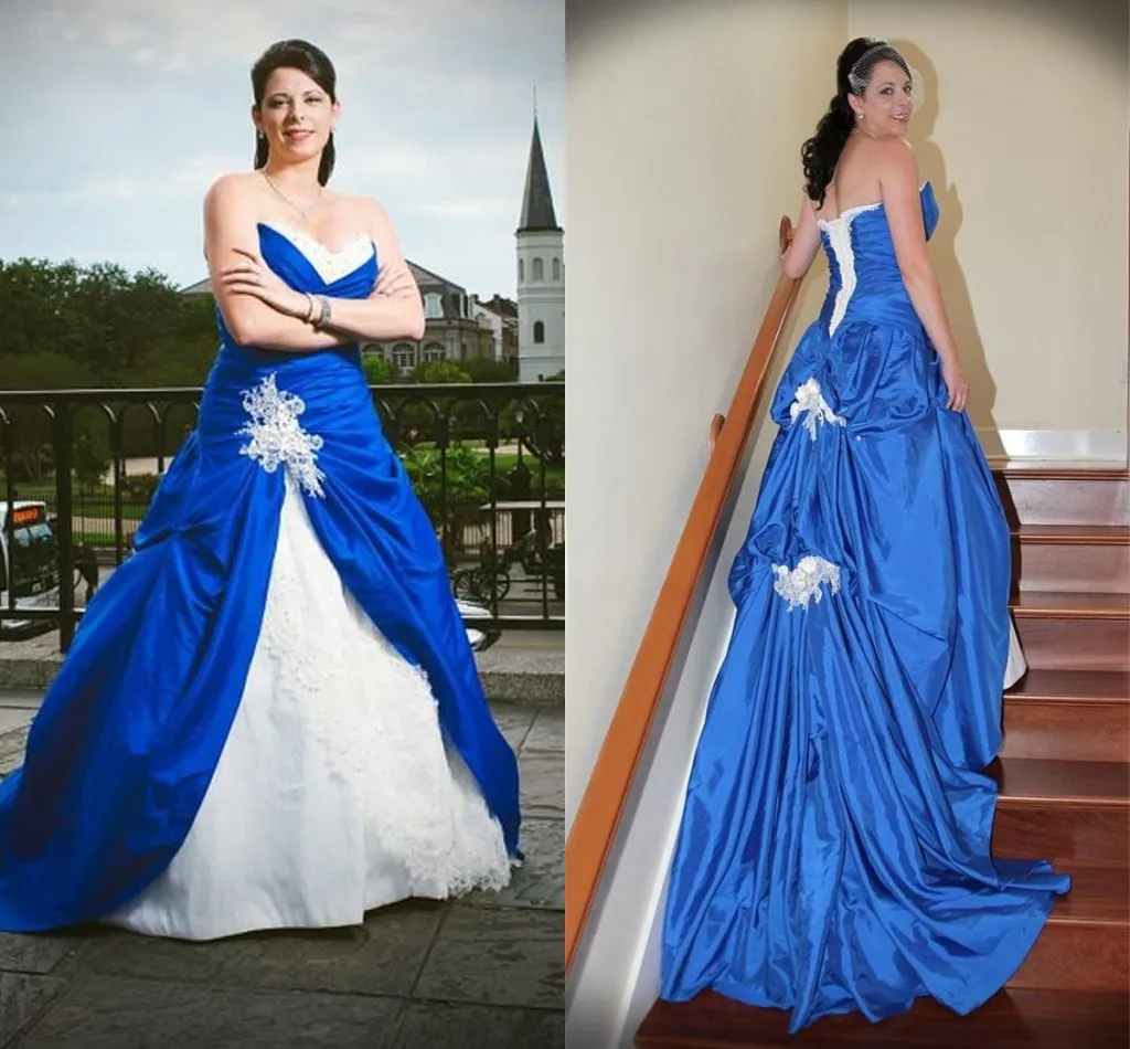 Robes de mariée modernes bleu et blanc une ligne grande taille froncée satin robe de mariée vintage chérie balayage train à lacets dos appliqué dentelle robes de novia AL8817