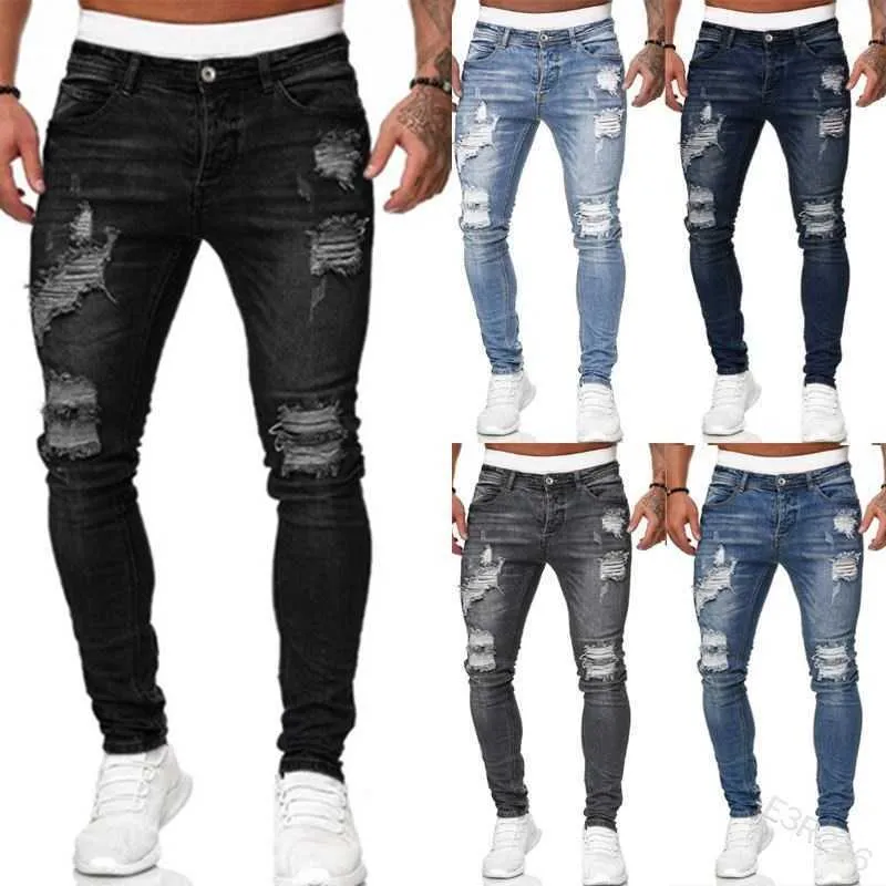 Jeans pour hommes Cool Ripped Skinny Pantalon Stretch Slim Denim Pantalon Grande Taille Hip Hop Noir Bleu Casual Jogging Jeans pour Hommes 210622