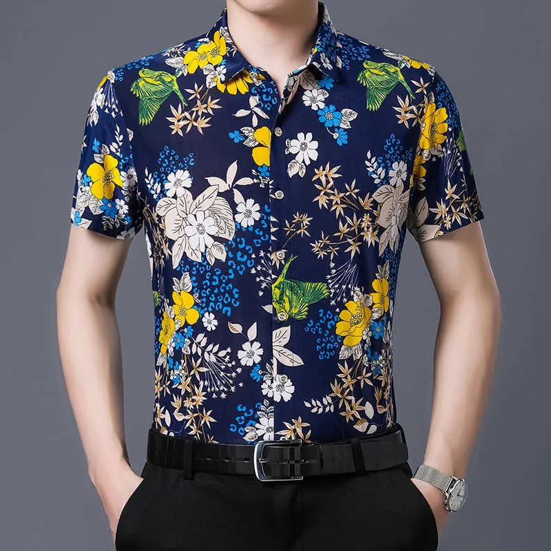 Camicia da uomo in seta casual 80% stile hawaiano manica corta stampa su entrambi i lati vestiti estivi da spiaggia fiore nazione cinese 210721