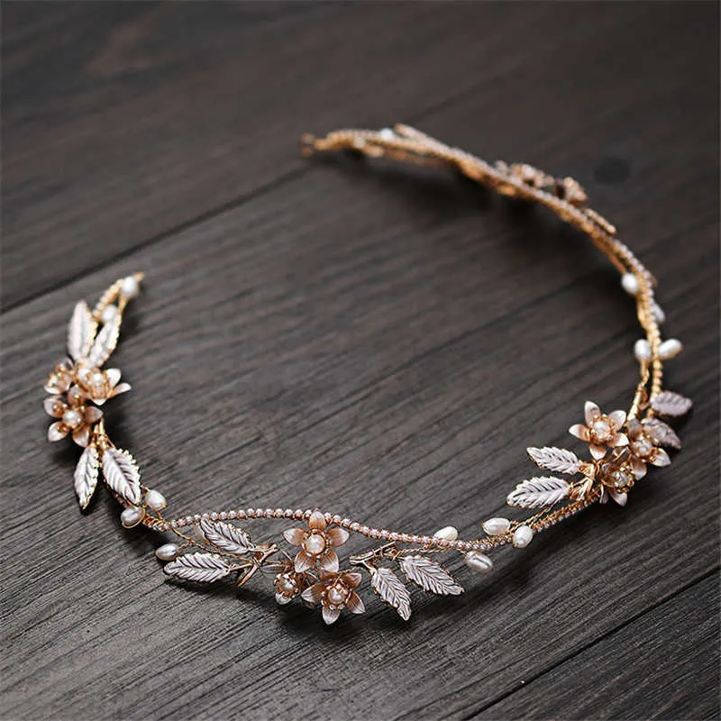 Boho Gold Floral Bridal Hair Vine Women Headband Pearls Jewelry Handmade Leaf Wedding Headpiece Accesories X0726