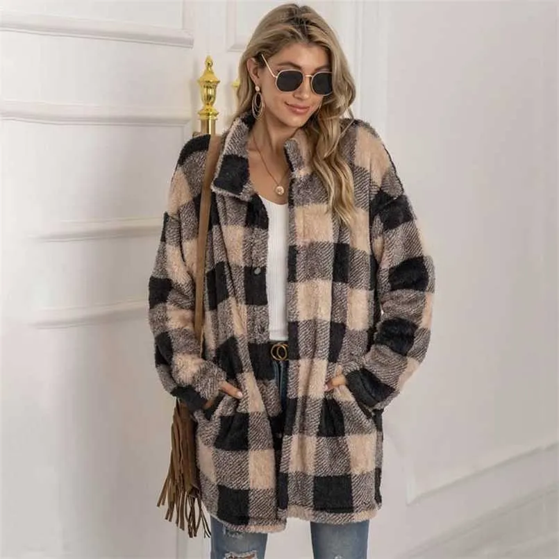 Herbst Lange Faux Pelzmantel Frauen Plaid Jacke Winter Hülse Flauschigen Teddy Damen Warme Plüsch Weibliche 211124