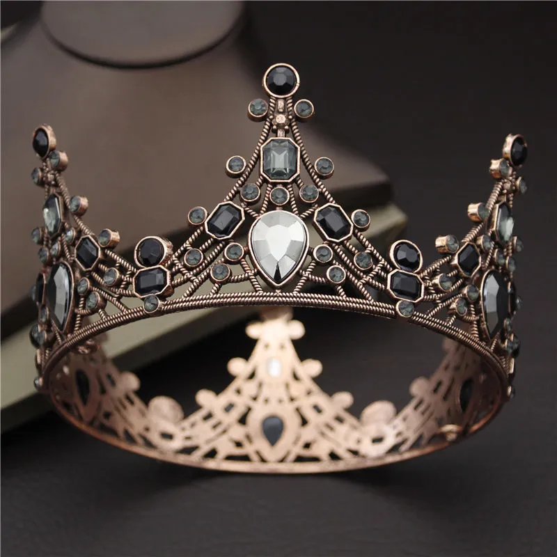 Vintage Barok Taç Gelin Tiaras Kafa Siyah Kristal Düğün Saç Aksesuarları Balo Kek Yuvarlak Diadem Kafa Takı