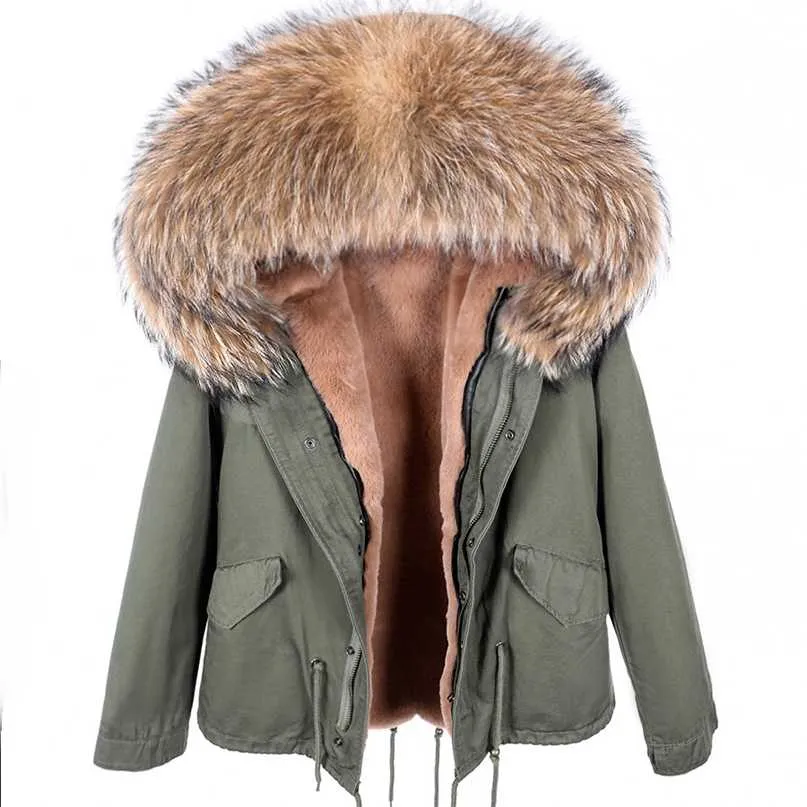 MAOMAOKONG Mode Dames Echte Bontkraag Jas Natuurlijke Wasbeer Grote Bontkraag Winter Parka Bomberjack 211018