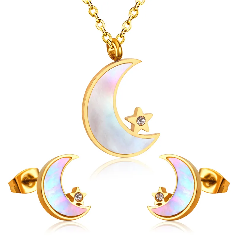 Moon Pendant Chain Necklace Earring Dubai Bridal Wedding Jewelry Sets For Women Stainless Steel Set