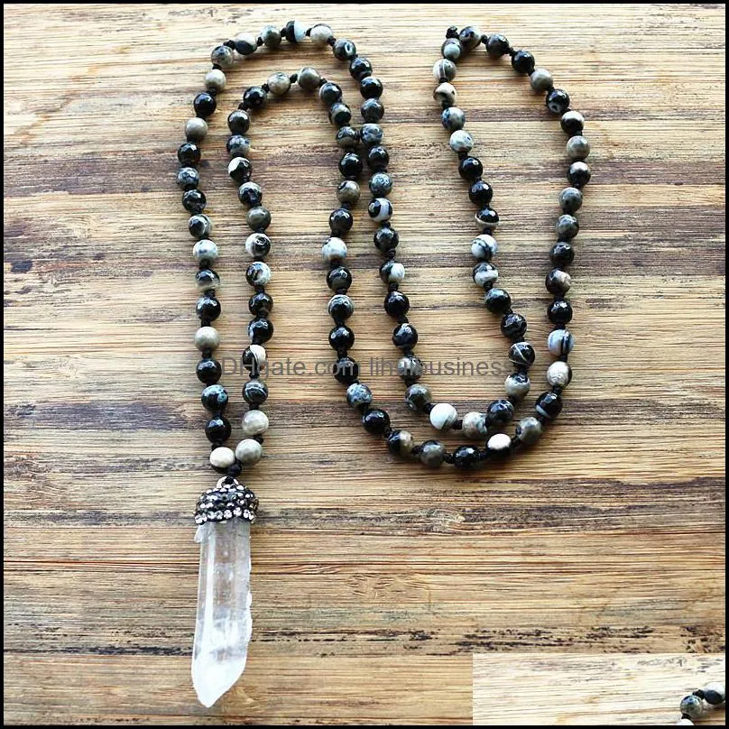 Кулон ожерелья подвески ювелирные изделия белый хрусталь 6 мм черный натуральный камень розария цепь мала ожерелье ручной работы женщин бусин Y1119