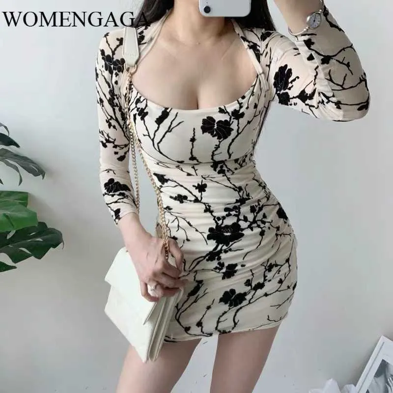 Flower pattern sexy Low neckline dres's autumn and winter long sleeve fashionable slim waist package hip U6B9 210603