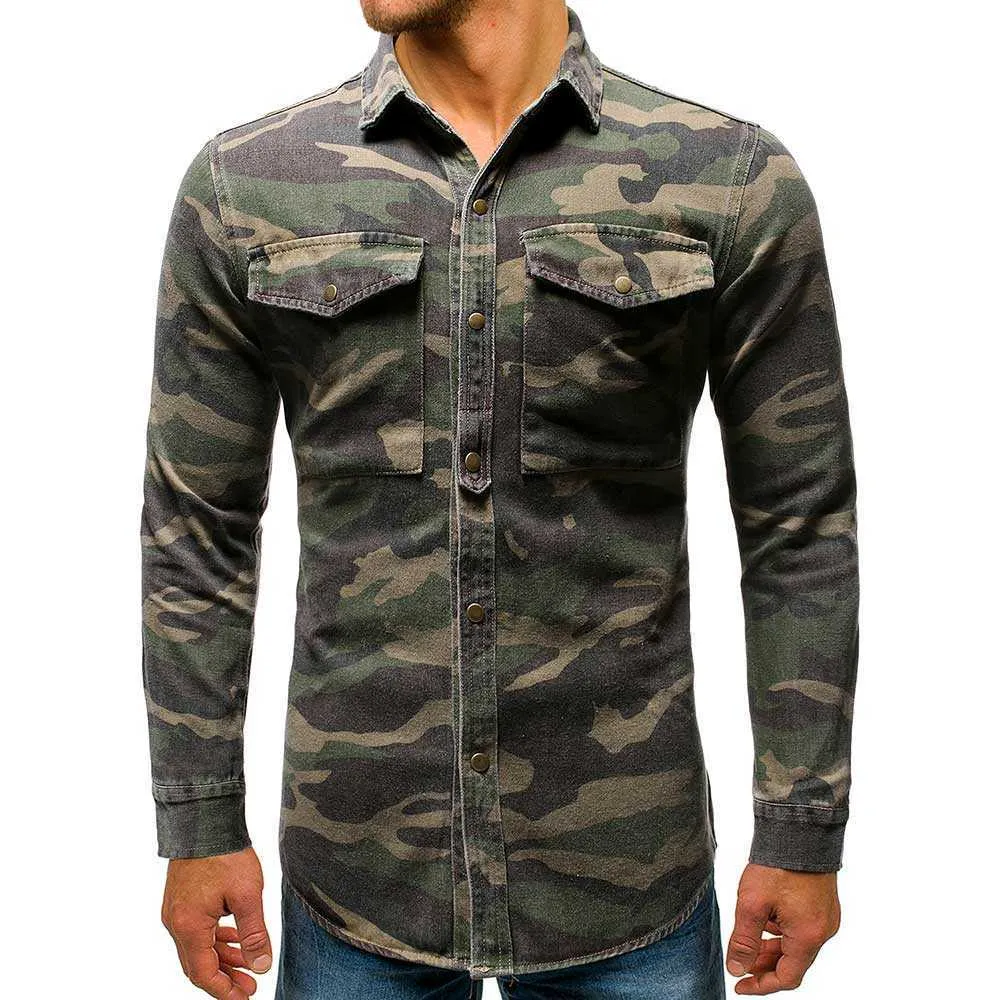 Camisa informal de camuflaje para primavera y otoño, camisa vaquera de manga larga para hombre, blusa verde militar para hombre 210730270P