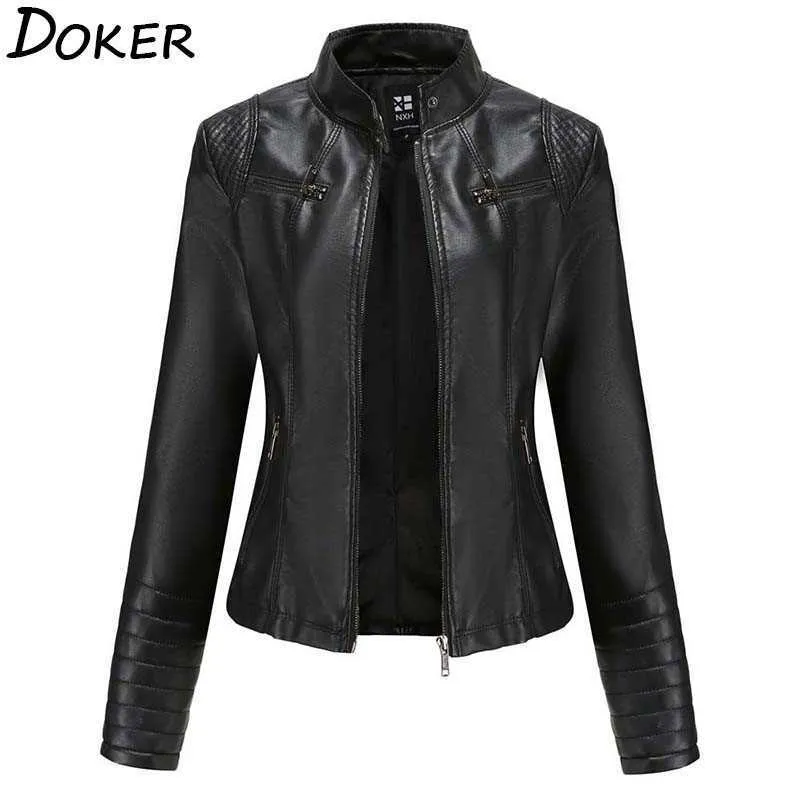 Mulheres falso jaqueta de couro outono inverno longo luva plus size moda senhoras sólidas zíper motociclista casaco feminino outwear casual 210603