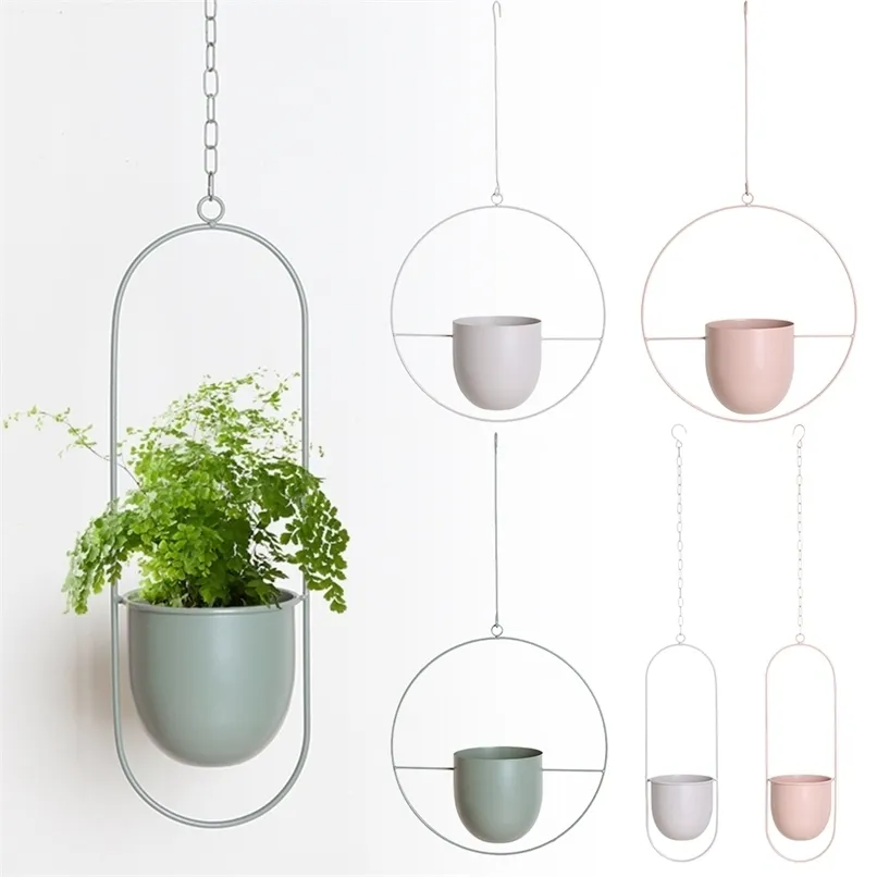 Metal Hanging Planter Pot Indoor Outdoor Flower Plant Holder Green Roundgarden s Planters 211130