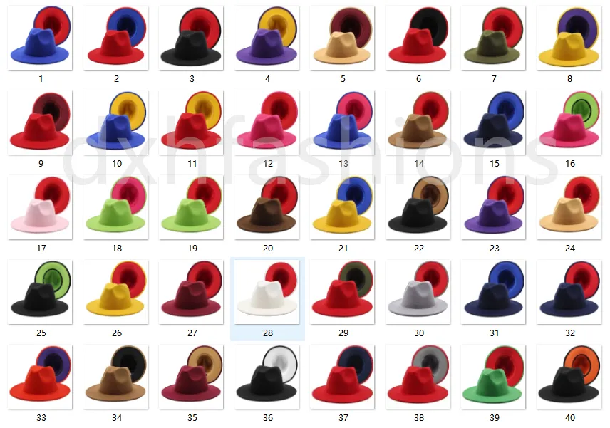 Nyaste 40 färger Högkvalitativ ins falsk ullfilt Fedora Hat 2 Tone Olika Färg Brim kepsar för kvinnor Män