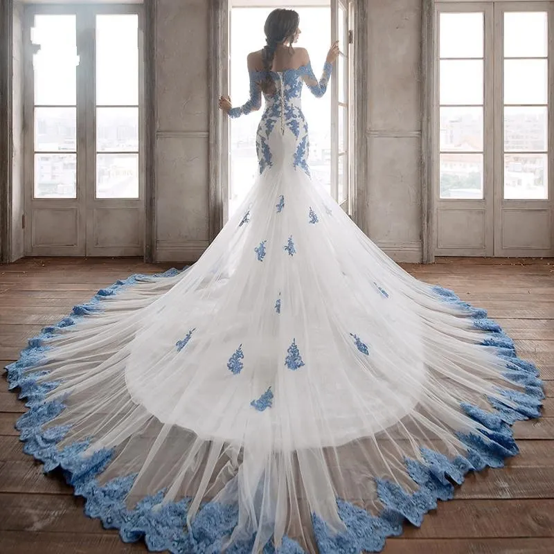 Light Blue Lace Trumpet Butterfly Wedding Dress With Long Sleeves Off Shoulder Chapel Train And Laces Up Bridal Gown Affordable Vestidos For Women From Lovemydress 78.95 DHgate.Com