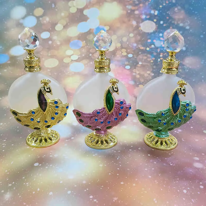 30ml Metal Peacock Essential Attar Oil Perfume Bottle Tomt Refillerbar Glas Presentfabrik Uttag # 896L