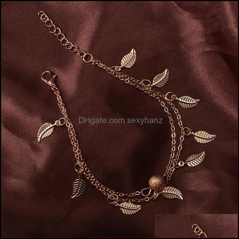 Ethnic Style A Circle Pendant Leaf Anklets Double Layer Round Beads Foot Chains Women Female Beach Vacation Gold Anklet Europe Jewelry