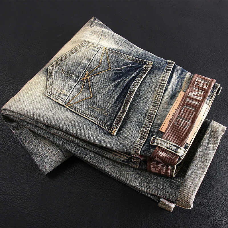 Italiensk stil mode män jeans högkvalitativa retro distreed elastic slim ripped vintage designer casual denim byxor 8kcv
