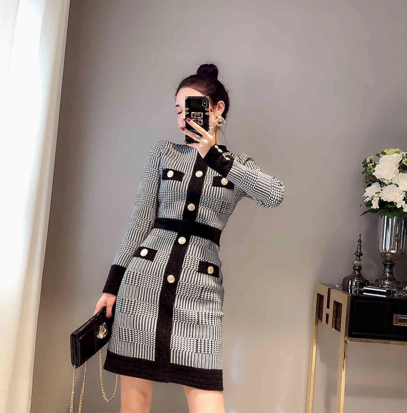 kvinnors fritidsklänningar o-ringad enkelknäppt långärmad houndstooth rutnät stickad pennklänning bodycon smal midja klänning SMLXL