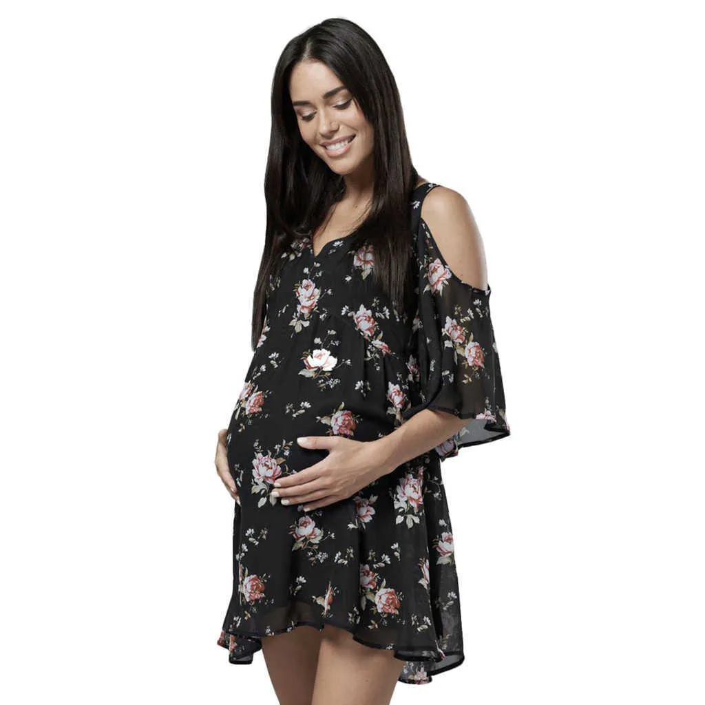 Telotuny Dress Women's Maternity Beach Sundress Breastfeeding Cut Out Shoulders Floral Dress Pregnancy Summer Pregnant Dress #42 Y0924