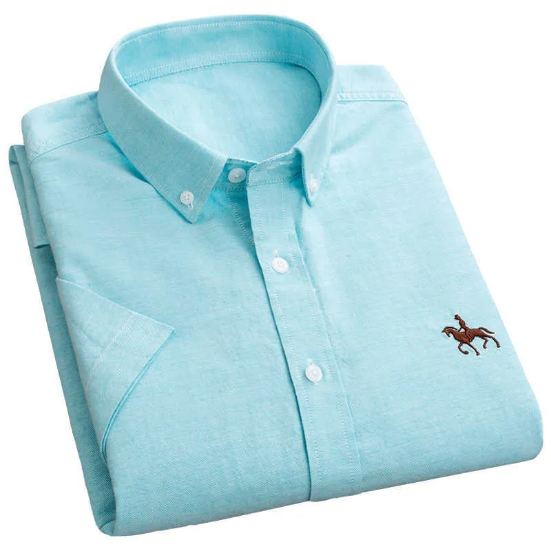 Camisas de verão dos homens camisetas Manga curta Oxford Tecido 100% algodão fino fino Bordado Cavalo Business Slim Fit Macho Tops Plus Size 6XL 210609